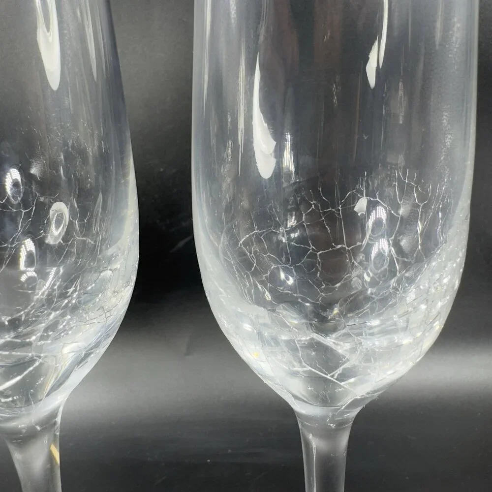 Pier 1 Clear Glass Crackle Angled Rim Goblet Drinking Glasses Cups Flutes Set 2
